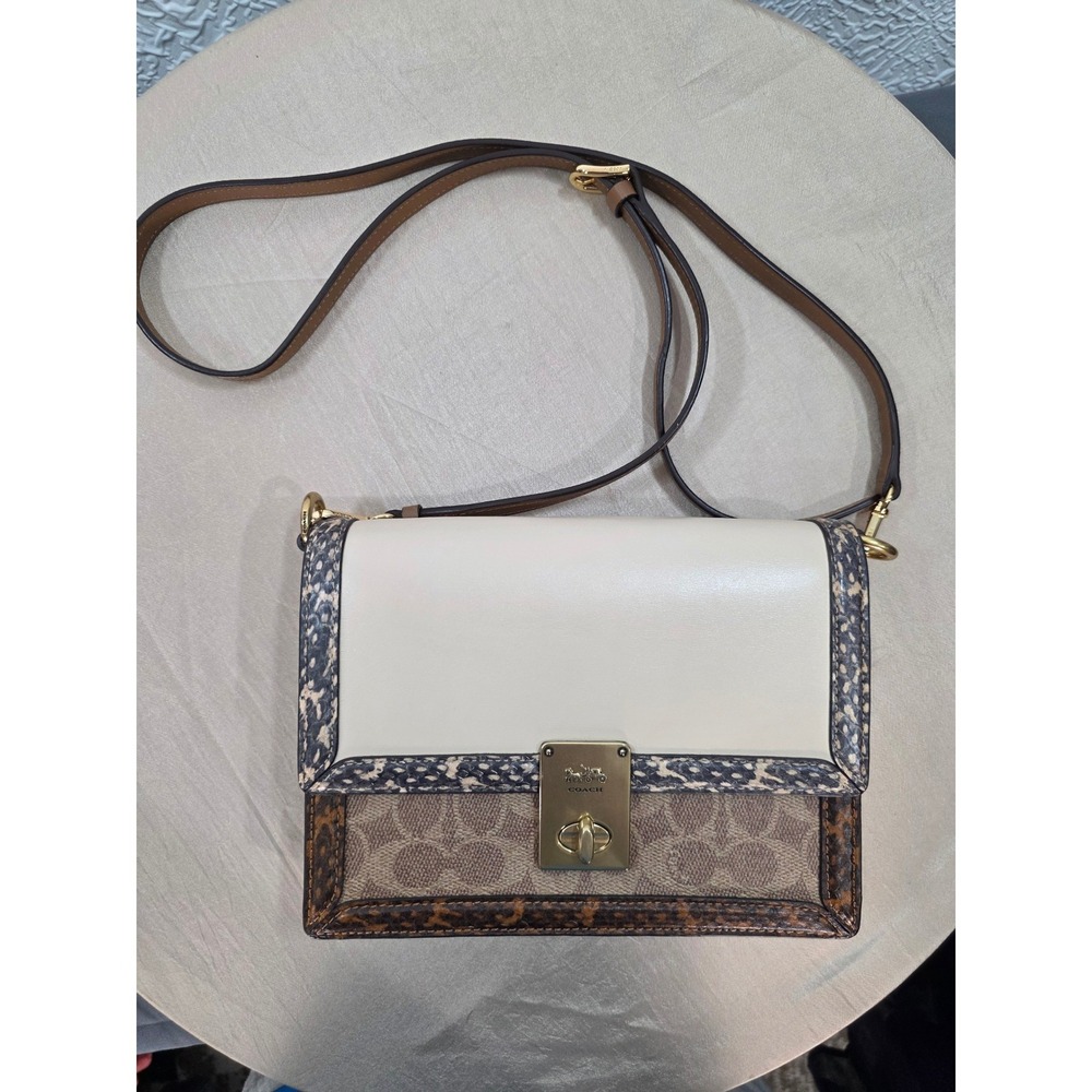 Coach Hutton Shoulder Bag Tan Chalk Signature Canvas Exotic Snakeskin C2584